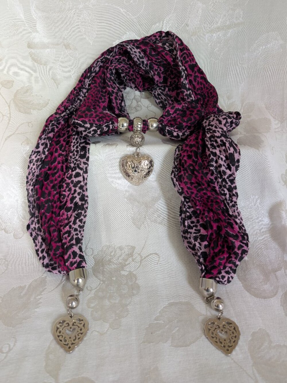 BOHO Scarf Necklace Heart Pendant Purple Leopard Print
